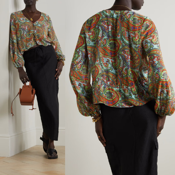 NWT L'agence Pixie Bohemian Long Sleeve Paisley Print Crepe De Chine Blouse Red - Picture 1 of 8